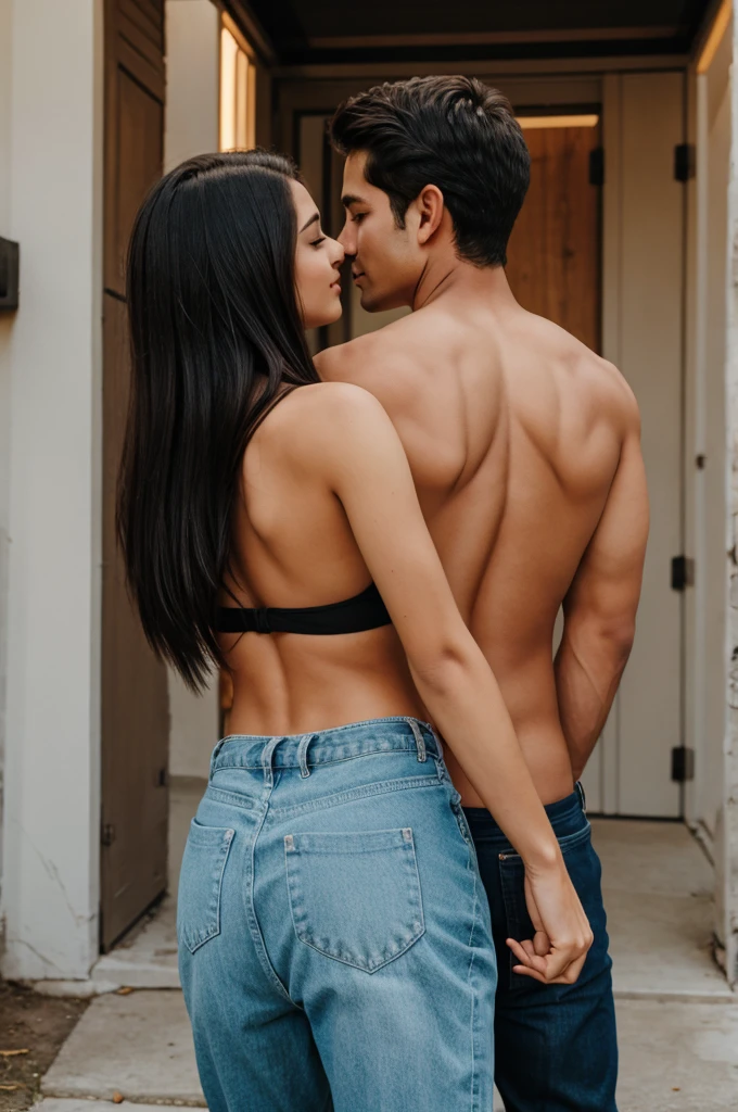 A boy holding hot girls from behind