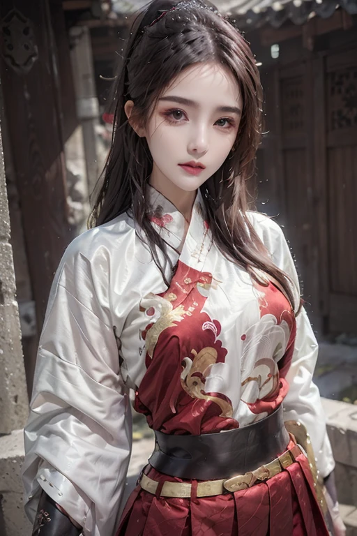 ((You are a beautiful woman.)), Fei Yu_robes, hips up, Scenery of ancient Chinese houses, Evening, red mouth, High nose, big breasts, red cloth, Gold Embroidery, black embroidered gold, dark red hair, high ponytail, depth of field, สาวสวยกับdetailsที่สวยงาม, European face, ดวงตาและใบหน้าที่Very detailed,robesdetailsมาก, The resolution is incredibly ridiculous., hugeFilesize, ไฮเปอร์details, High resolution, Very detailed, best quality, Masterpiece, The resolution is incredibly ridiculous., illustration, มีdetailsและสวยงามเป็นพิเศษ,official art, Very detailed, CG, unity, 8k wallpaper, Surprisingly, details, Masterpiece, Highest quality, วอลล์เปเปอร์ CG unity 8k ที่มีdetailsมาก(Perfect shiny skin:0.6)Best shots)), ((Masterpiece)), (details),