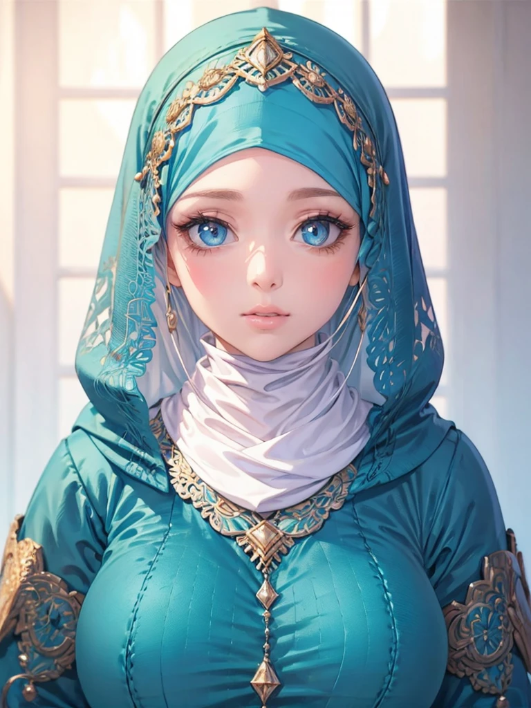 one hijabi girl, blue and cream clothes, beautiful detailed eyes, beautiful detailed lips, extremely detailed face and portrait, long eyelashes, serene expression, hijab covering head, full body shot, natural daylight, intricate details, soft lighting, warm color tones, muted colors, photorealistic, 8k, high resolution, masterpiece, cinematic, concept art style