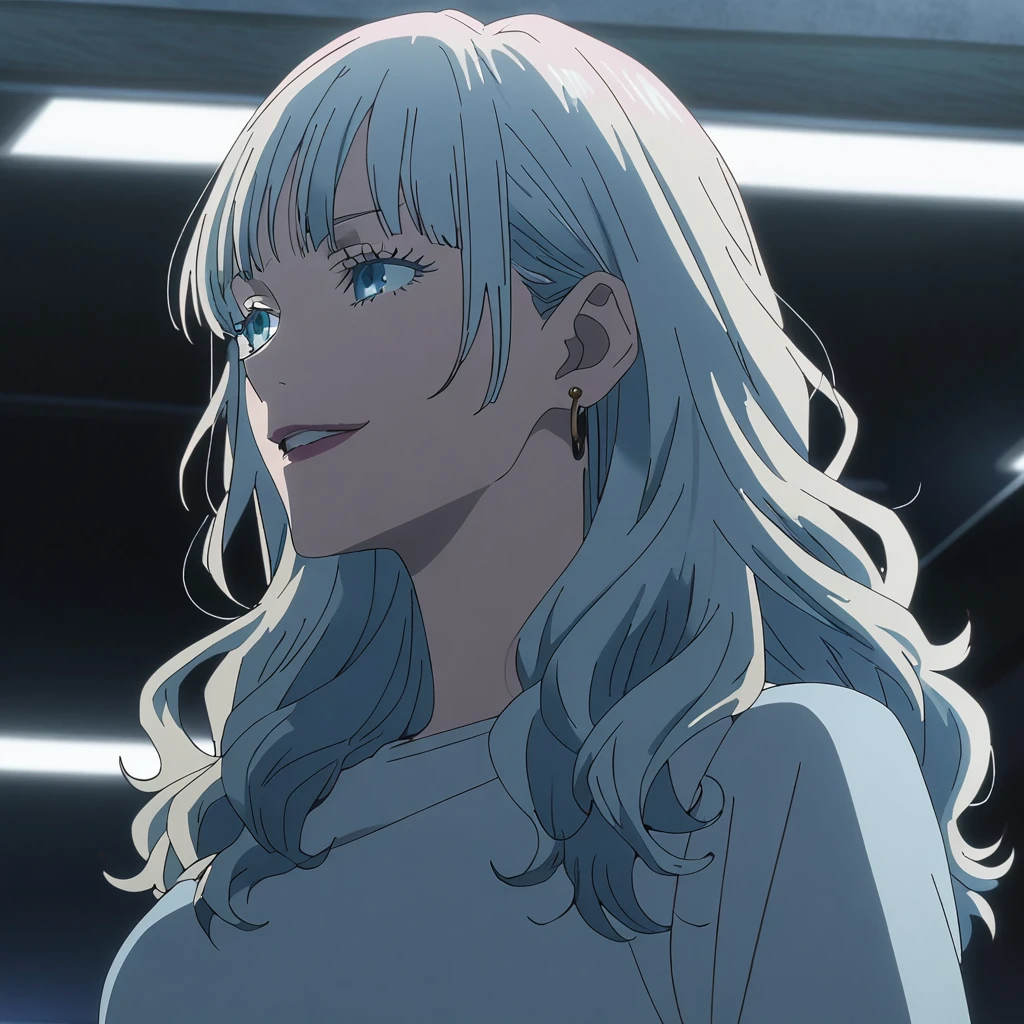 1girl, female gojo satoru, anime screencap from jujutsu kaisen, gojo satoru female version, solo, long_hair, blue eyes ((White_hair, wavy hair)), night view, (hanging breasts) upper_body, smile, indoors, blue_eyes, lips, (slightly wavy hair) (wearing round sunglasses) ((wearing casual outfit)) breast, "very detailed and high resolution" (blue eyes) ((shoulder length wavy hair)) ((solo)) (front view) (earings) ((high resolution)) ((good quality)) ((bangs)) (wearing round sunglasses)