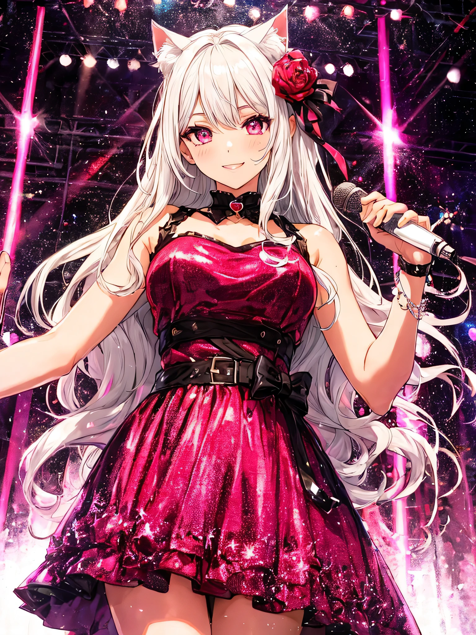 Highly detailed face,fine grain,Highlighted eyes, medium breasts ,pretty girl, smile shyly,Cat ear,Beautiful silver hair,Pink inside,Beautiful pink eyes,shiny skin,
dress scene, looking the viewer,
Represent idol in bright colors, Represent idol dress in colorful colors, Represent idol's singing voice in warm colors