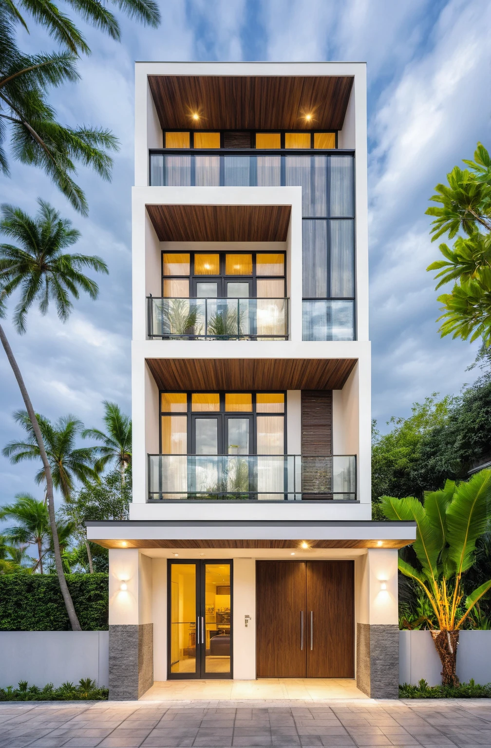 modern villa on street, (overcast lighting:1.2), tropical tree, vivid color, streetcapes, nice sky, grey wood and white tone, (large glass door:1.2), warm interior lighting, modern material, best quality, ultra realistic, masterpiece, 17ArchiAI_XL_VL-v1
