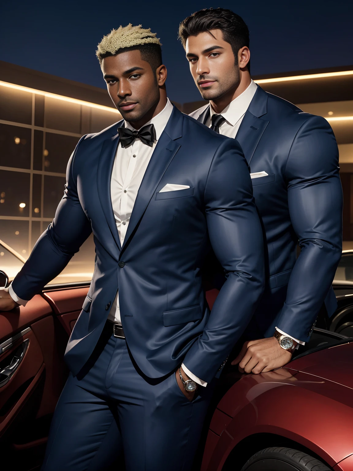 8K，8K resolution，2 Muscular Europeans, handsome man，charming eyes，dark skin,beautiful, smooth and shiny，Full muscles，Thick body hair， (wearing a stylish suit)，big bag highlights，Excellent j8，emphasize，Driving a luxury convertible，The car is full of roses，Two men smiling happily，professional lighting，Professional photography，Realistic photos，realistic model，realistic art，Perfect hand details