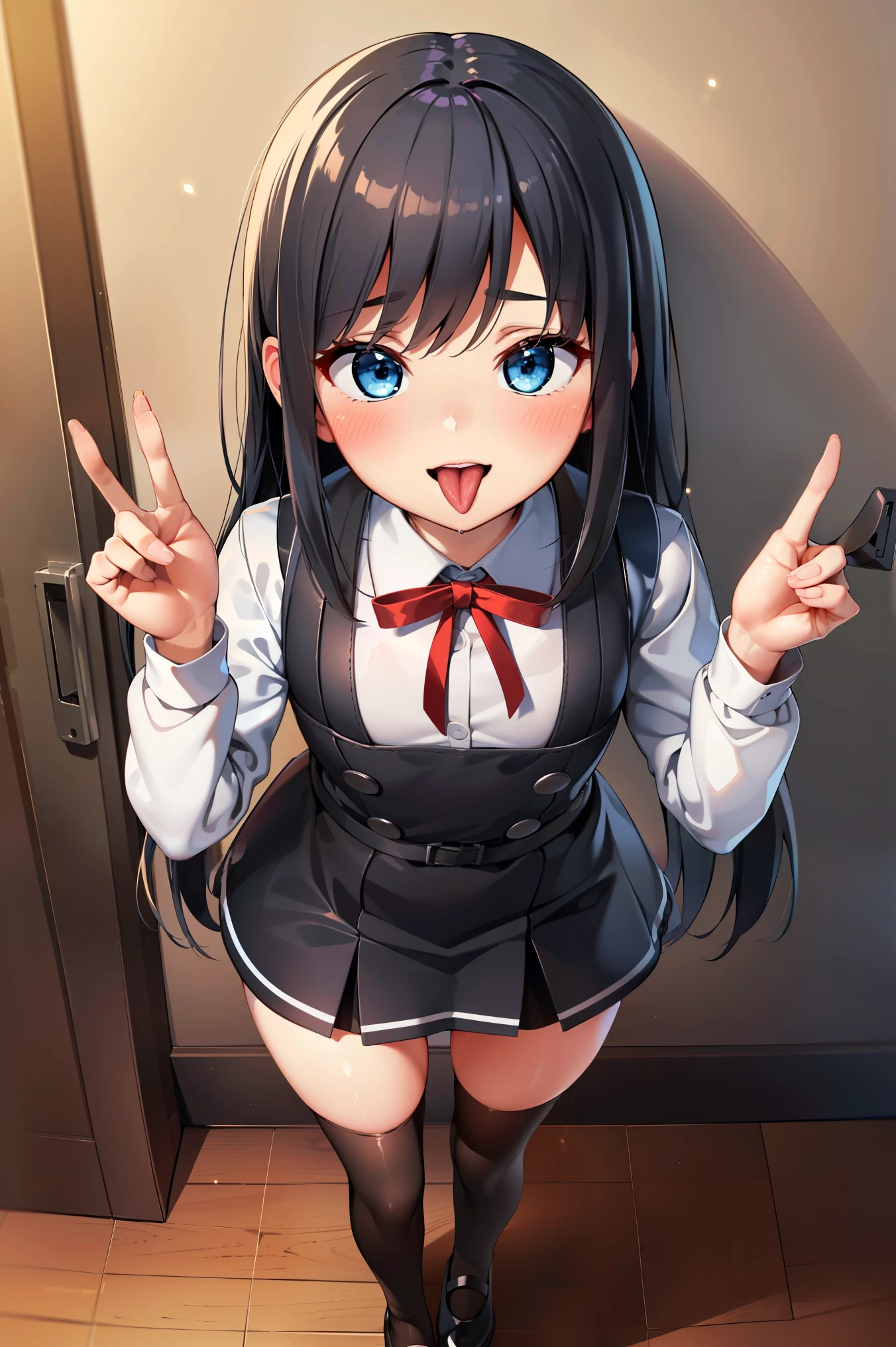 asashiokainiKC, Long Hair, shirt, Knee socks, Long sleeve, ribbon, , neck ribbon, Apron dress, (Small breasts:1.2), (Small body:1.2), (Low length:1.2), One , alone,
break 
(SFW:1.3), (whole body), (Bust up shot:1.2), (Face Focus:1.1)
break
0pen,  (Sticking out tongue), ((Long Tongue)), (Open your mouth) , From above, (Overhead Shot)
break
(;d:1.2), A shy smile, (blush:1.2), 閉じた目
break
official art, Masterpiece, Highest quality, Highest Resolution, 8K, Most detailed, Extremely elaborate hands, Highly detailed fingers, Highly detailed mouth, perfect anatomy
break
(indoor, Bedroom), dust, dust, Particles of light, Highly detailed 16K CG wallpaper