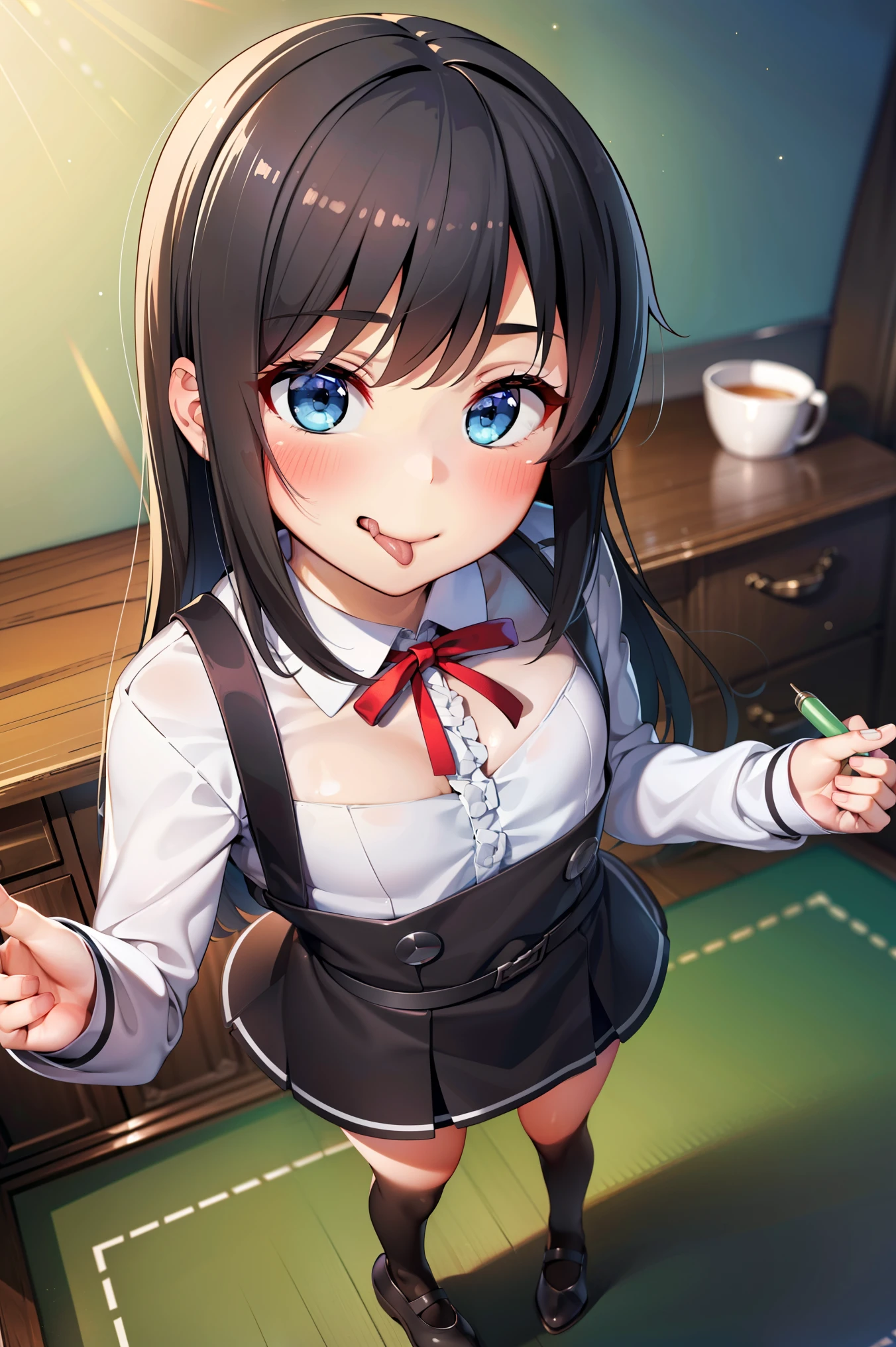 asashiokainiKC, Long Hair, shirt, Knee socks, Long sleeve, ribbon, , neck ribbon, Apron dress, (Small breasts:1.2), (Small body:1.2), (Low length:1.2), One , alone,
break 
(SFW:1.3), (whole body), (Bust up shot:1.2), (Face Focus:1.1)
break
0pen,  (Sticking out tongue), ((Long Tongue)), (Open your mouth) , From above, (Overhead Shot)
break
(;d:1.2), A shy smile, (blush:1.2), 閉じた目
break
official art, Masterpiece, Highest quality, Highest Resolution, 8K, Most detailed, Extremely elaborate hands, Highly detailed fingers, Highly detailed mouth, perfect anatomy
break
(indoor, Bedroom), dust, dust, Particles of light, Highly detailed 16K CG wallpaper