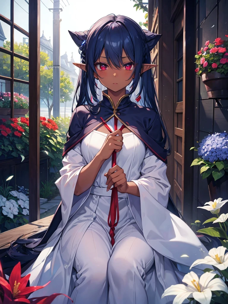 woman, 、Dark Elf, Dark Skin, Pointed Ears, Navy Blue Hair、Red eyes、Somen、Kind eyes、Blushing、garden、White Dress