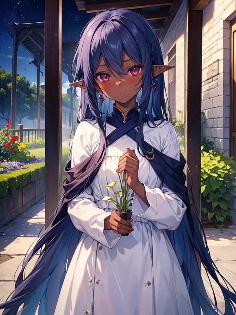 woman, 14 years old、Dark Elf, Dark Skin, Pointed Ears, Navy Blue Hair、Red eyes、Somen、Kind eyes、Blushing、garden、White Dress