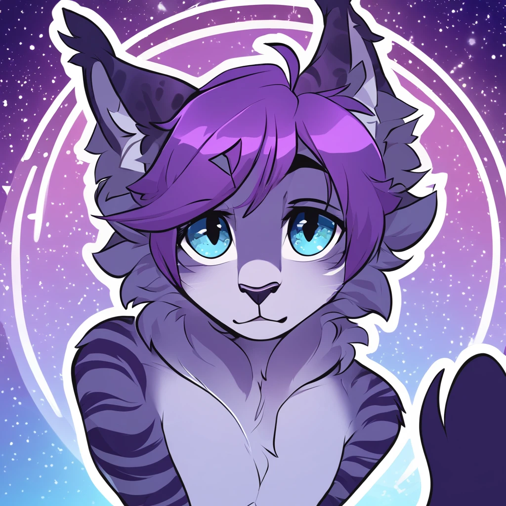 adult, feline, mammal, anthro, anthromorphic, cat, striped, fur, furred_anthro, femboy, male, dark_blue, ear_tufts, paws, hair_tuft, hair_between_eyes, long_tail, fluffy, expressive_eyes, purple_hair, light, galaxy_fur, looking_at_viewer, light_blue_chest, shy, small_pupils, spotted_pattern, stripes, digital_art, high_resolution, high_res, background shy, head_visible, neck_visible, profile_picture, seductive_face, galaxy_background, white_outline