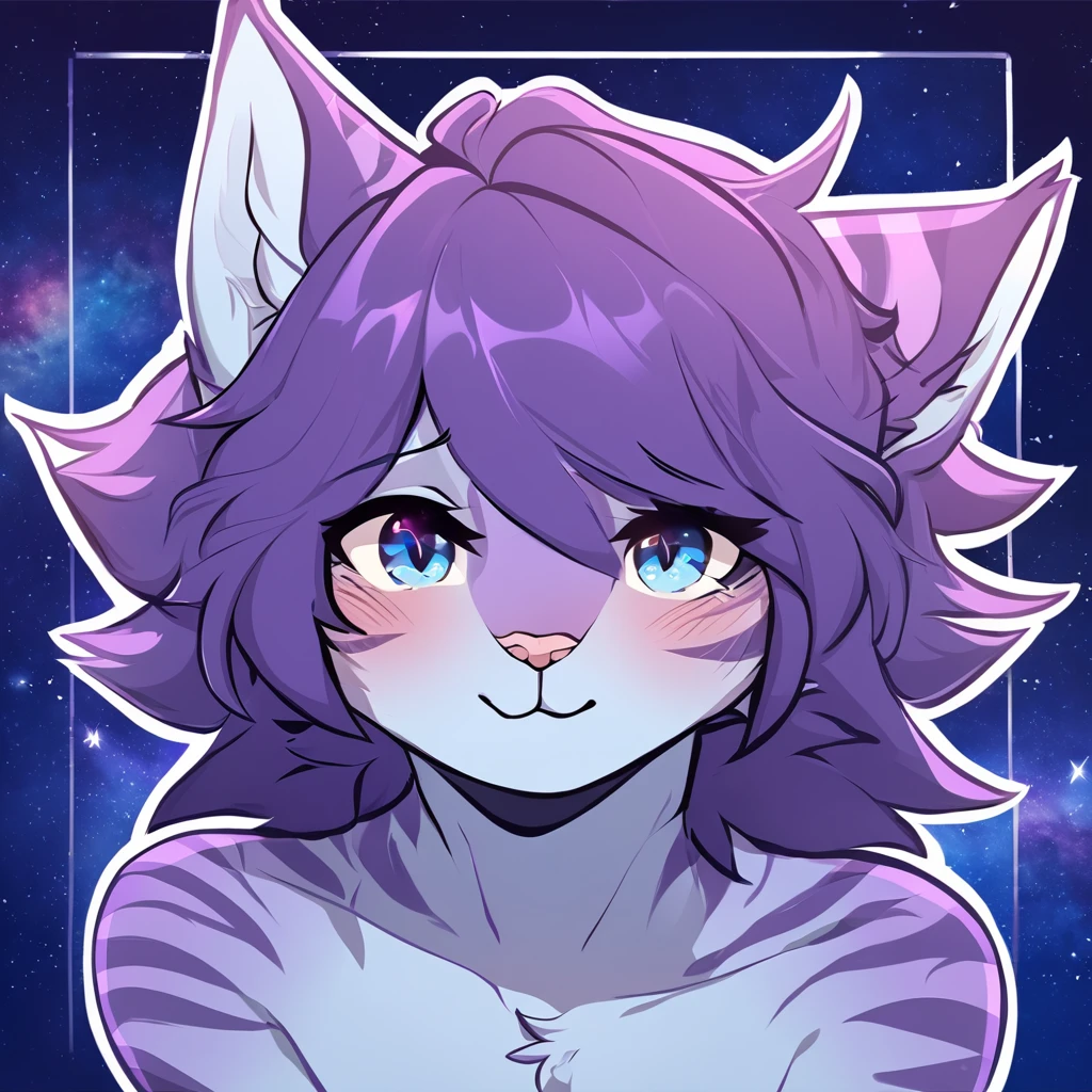 adult, feline, mammal, anthro, anthromorphic, cat, striped, fur, furred_anthro, femboy, male, dark_blue, ear_tufts, paws, hair_tuft, hair_between_eyes, long_tail, fluffy, expressive_eyes, purple_hair, light, galaxy_fur, looking_at_viewer, light_blue_chest, shy, small_pupils, spotted_pattern, stripes, digital_art, high_resolution, high_res, background shy, head_visible, neck_visible, profile_picture, seductive_face, galaxy_background, white_outline