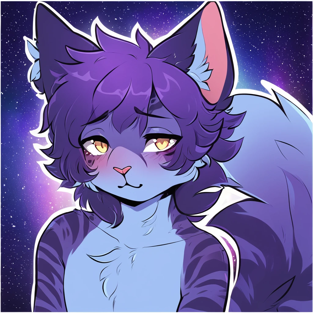 adult, feline, mammal, anthro, anthromorphic, cat, striped, fur, furred_anthro, femboy, male, dark_blue, ear_tufts, paws, hair_tuft, hair_between_eyes, long_tail, fluffy, expressive_eyes, purple_hair, light, galaxy_fur, looking_at_viewer, light_blue_chest, shy, small_pupils, spotted_pattern, stripes, digital_art, high_resolution, high_res, background shy, head_visible, neck_visible, profile_picture, seductive_face, galaxy_background, white_outline