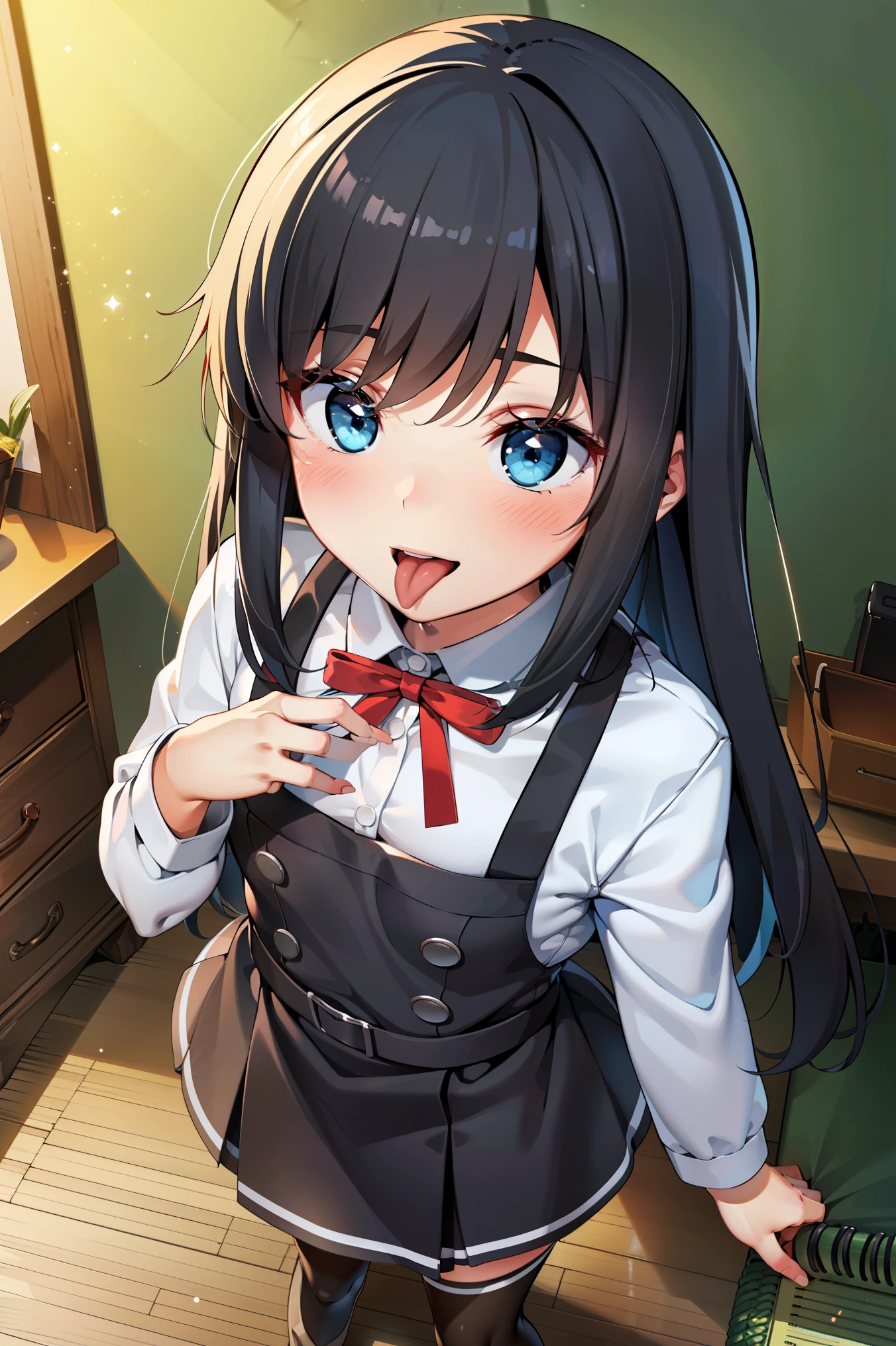 asashiokainiKC, Long Hair, shirt, Knee socks, Long sleeve, ribbon, , neck ribbon, Apron dress, (Small breasts:1.2), (Small body:1.2), (Low length:1.2), One , alone,
break 
(SFW:1.3), (whole body), (Bust up shot:1.2), (Face Focus:1.1)
break
0pen,  (Sticking out tongue), ((Long Tongue)), Open your mouth , From above, (Overhead Shot)
break
(;d:1.2), A shy smile, (blush:1.2)
break
official art, Masterpiece, Highest quality, Highest Resolution, 8K, Most detailed, Extremely elaborate hands, Highly detailed fingers, Highly detailed mouth, perfect anatomy
break
(indoor, Bedroom), dust, dust, Particles of light, Highly detailed 16K CG wallpaper