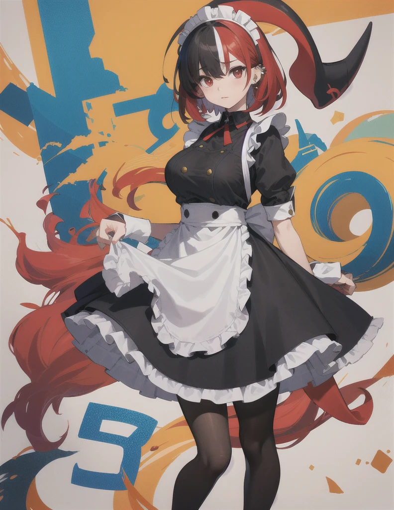 solo,1girl(big breast)(masterpiece, best quality:1.2),Ellen Jo，Zenless Zone Zero，alternate costume ,maid, shark tail, (shark girl:0.5), short hair，black hair，red eyes, tail, pantyhose,multicolored hair, black footwear, short sleeves, apron, wrist cuffs, maidheaddress, stockings, nyantchaellen joe, black hair, red hair，colored inner hair, multicolored hair, (red eyes:1.3), red hair, short hair, two-tone hair,apron, black pantyhose, black shirt, ear piercing,