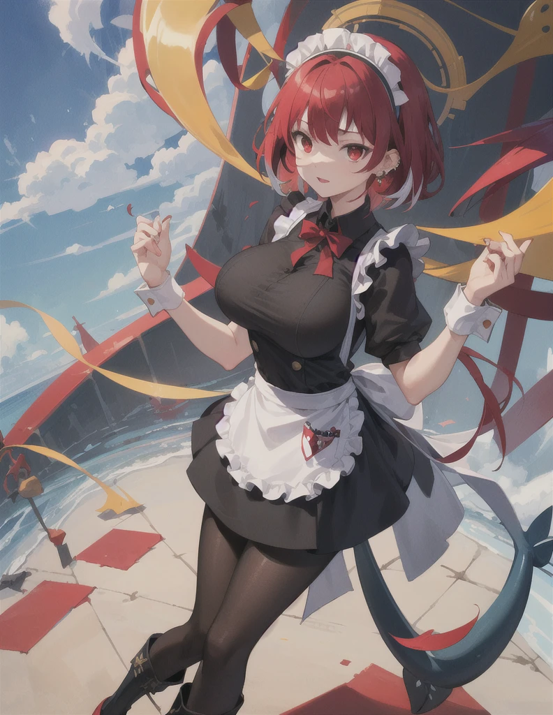 solo,1girl(big breast)(masterpiece, best quality:1.2),Ellen Jo，Zenless Zone Zero，alternate costume ,maid, shark tail, (shark girl:0.5), short hair，black hair，red eyes, tail, pantyhose,multicolored hair, black footwear, short sleeves, apron, wrist cuffs, maidheaddress, stockings, nyantchaellen joe, black hair, red hair，colored inner hair, multicolored hair, (red eyes:1.3), red hair, short hair, two-tone hair,apron, black pantyhose, black shirt, ear piercing,