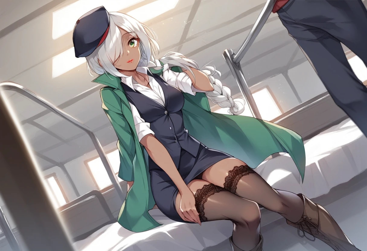 BREAK Perfect Anatomy、(High resolution:1.2)、Incredible illustrations、(Cute illustrations:1.2)、(nsfw)(cinematic angle,ceiling,solo focus,)
(Beautiful background(sleeper train suite interior))
1girl((male focus,tom girl)(a girl, 1.7meters, 45kg,,dark skin:1.6,green eyes,silver hair,hair over one eye,long french braid,lipstick:1.2)(light smile)(netorare、on the bed)
(tyrolean hat,rail road man's coat,Vest jacket with lines,silk sexy lingerie,lace up stockings,high slit long tight skirt,workman's boots)(repe:1.4)