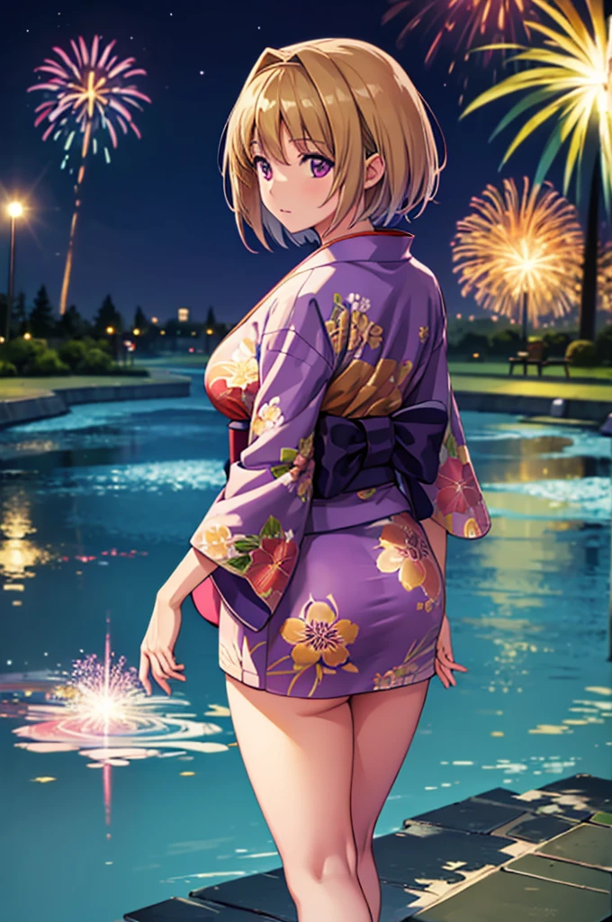 (masterpiece:1.3), (best quality:1.1), (8k, ultra detailed, ultra high res:1.2), ((anime style)), perfect 5 fingers, perfect anatomy, 
1girl,
Kushida Kikyou, 
short hair, 
bronze hair, 
(purple eyes:1.2), small eyes, 
large breasts, 
(floral printed kimono, beautiful detailed lens flare),
looking at viewer, 
cowboy shot, 
natural light, standing, arm behind back, looking back, detail background, outdoor, outside, Pond at your feet, Fireworks reflected on the pond, BREAK, evening,