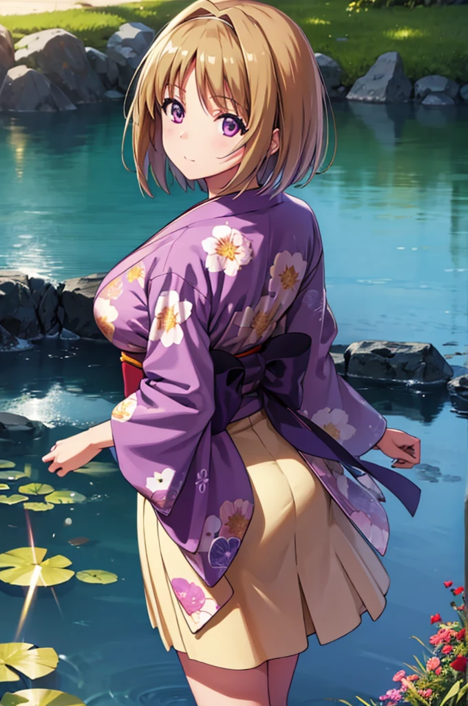 (masterpiece:1.3), (best quality:1.1), (8k, ultra detailed, ultra high res:1.2), ((anime style)), perfect 5 fingers, perfect anatomy, 
1girl,
Kushida Kikyou, 
short hair, 
bronze hair, 
(purple eyes:1.2), small eyes, 
large breasts, 
(floral printed kimono, beautiful detailed lens flare),
looking at viewer, 
cowboy shot, 
natural light, standing, arm behind back, looking back, detail background, outdoor, outside, Pond at your feet, Fireworks reflected on the pond, BREAK, evening,