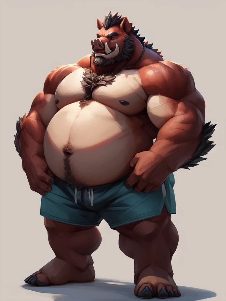 lucusold, lanxus, a man with a huge belly, furry boar, hog, fat ripped:1.2, chubby, more chubby , thicc, lowres, giant and fat, danbooru and artstation, heavy detailed, insanely inflated hips, topless, shorts, proportionally arms, fluffy chest, commission for high res, detailed but rough, semirealistoc:1.3