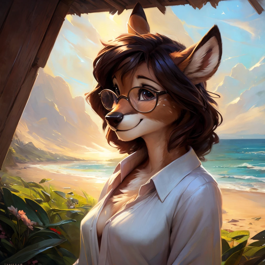 uploaded on e621, by Pixelsketcher, by Bayard Wu, by Thomas Benjamin Kennington , by Einshelm, by hioshiru and kenket, Chunie, portrait, solo anthro female deer doe, with small featureless breasts, clear dark blue, cinematic lighting, day, sunny day, beach, stays in the sea, sea background, mediterranean background, horizon background, shiny, short curly dark brown hair, wears big black nerd glasses, very very beautiful furry art, furry art, smiling, joyful, shiny, happy, feminine, cute face, muzzle, fluffy chest, flawless face, Fallow deer, 1girl, Sakimichan is beautiful, Masterpiece, Wavethesallow Face, shiny, Detailed image, portrait, Detailed image, portrait, full body, wearing wide, long, white blouse, shiny, realistic face, perfect anatomy, hourglass body, (furry body:1.1), anthropomorphic deer, looks at the viewer, small fluffy tail, detailed background, (cute anatomy:1.1), windy, smiling, very happy, happy