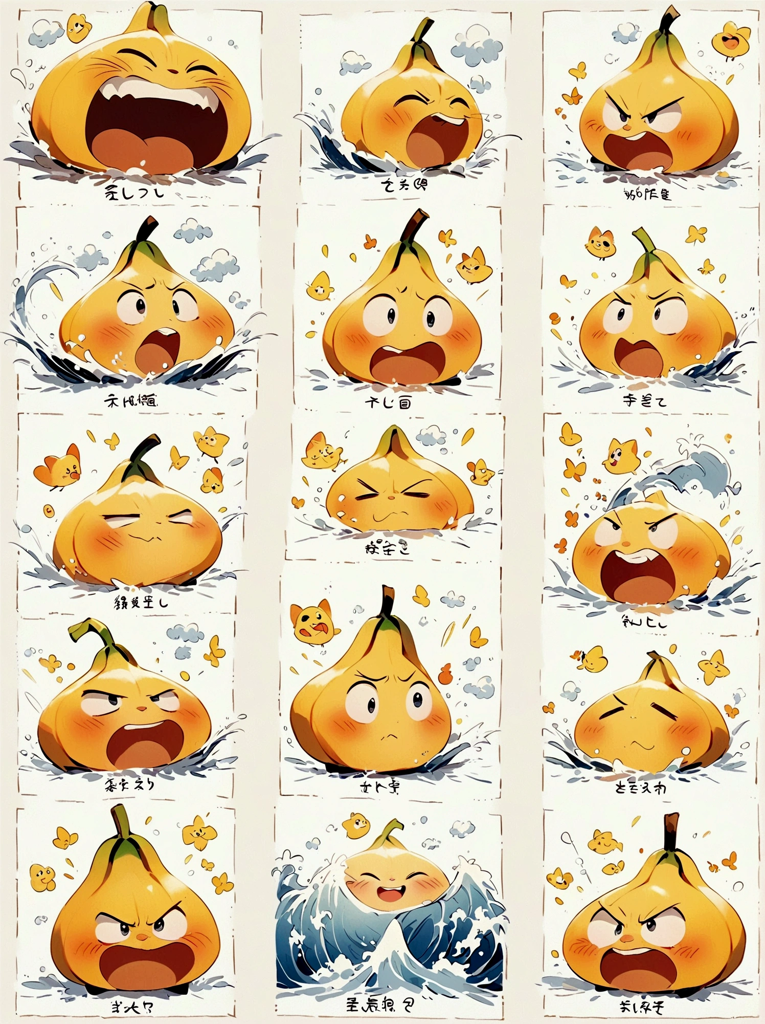 Hayao Miyazaki,Cartoon illustration,9 memes,Stick Figure,A cute little banana,chunky,Close-up of face,Close-up of facial expression,whole body,various expressions and actions,Exaggerated actions,Wronged,laughing out loud,,angry,sad、surprise、Staring etc.,Various emotions, (White background:1.5),Q version,Vector illustration,Clear outline,Perfect details,Clear boundaries,uhd,8K,((Nine Palace Grid Layout))