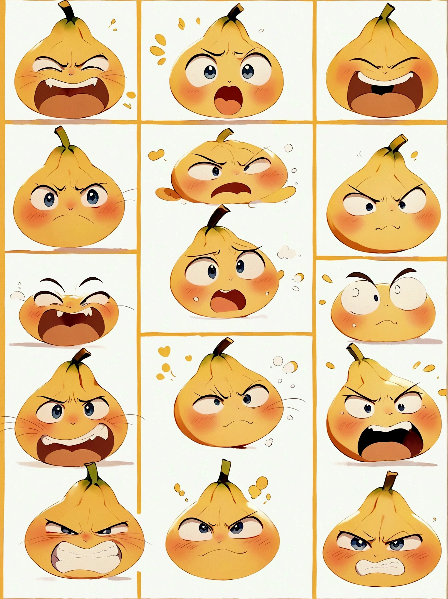 Hayao Miyazaki,Cartoon illustration,9 memes,Stick Figure,A cute little banana,chunky,Close-up of face,Close-up of facial expression,whole body,various expressions and actions,Exaggerated actions,Wronged,laughing out loud,,angry,sad、surprise、Staring etc.,Various emotions, (White background:1.5),Q version,Vector illustration,Clear outline,Perfect details,Clear boundaries,uhd,8K,((Nine Palace Grid Layout))