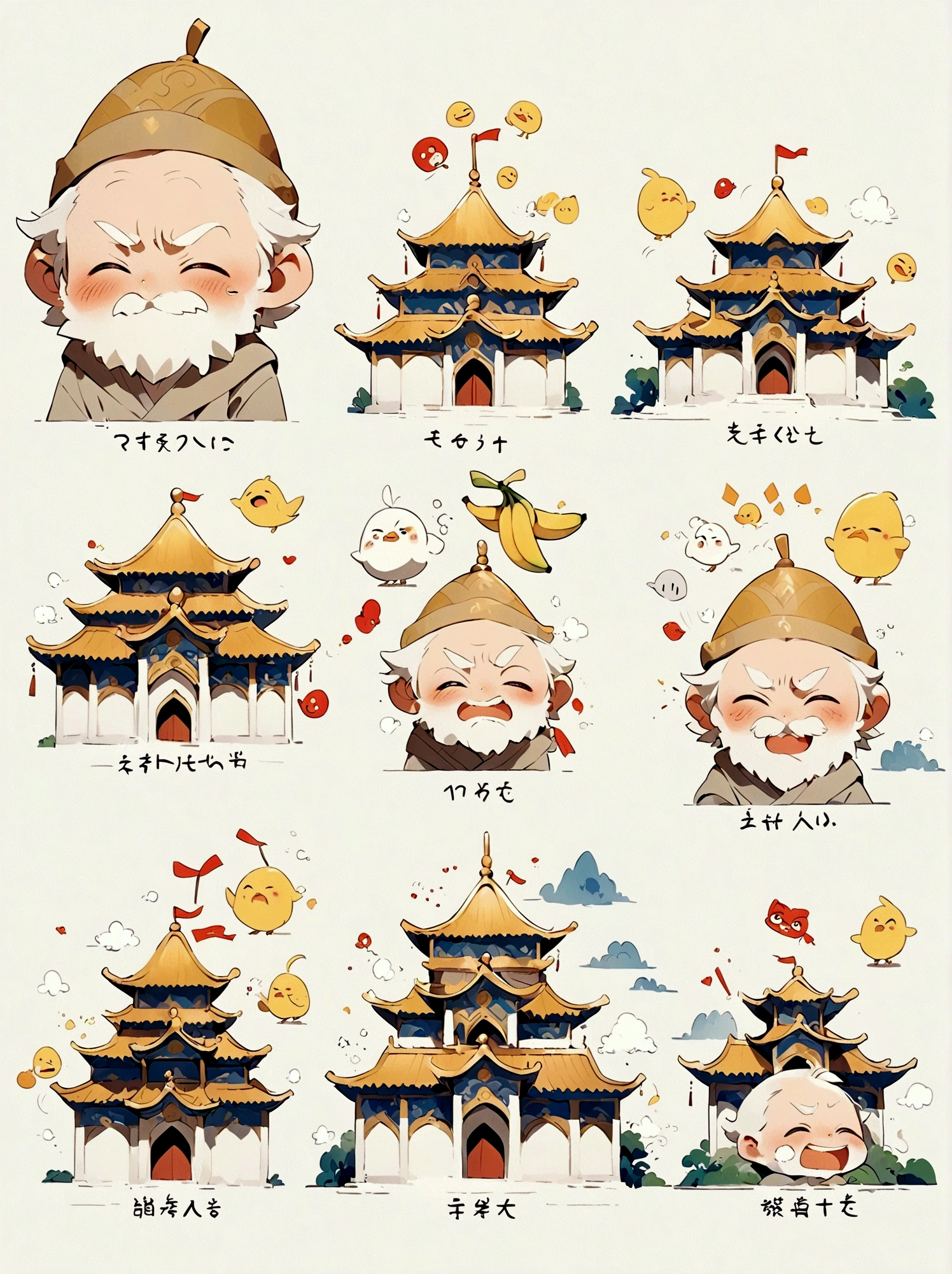 Hayao Miyazaki,Cartoon illustration,9 memes,Stick Figure,A cute little banana,chunky,Close-up of face,Close-up of facial expression,whole body,various expressions and actions,Exaggerated actions,Wronged,laughing out loud,,angry,sad、surprise、Staring etc.,Various emotions, (White background:1.5),Q version,Vector illustration,Clear outline,Perfect details,Clear boundaries,uhd,8K,((Nine Palace Grid Layout))