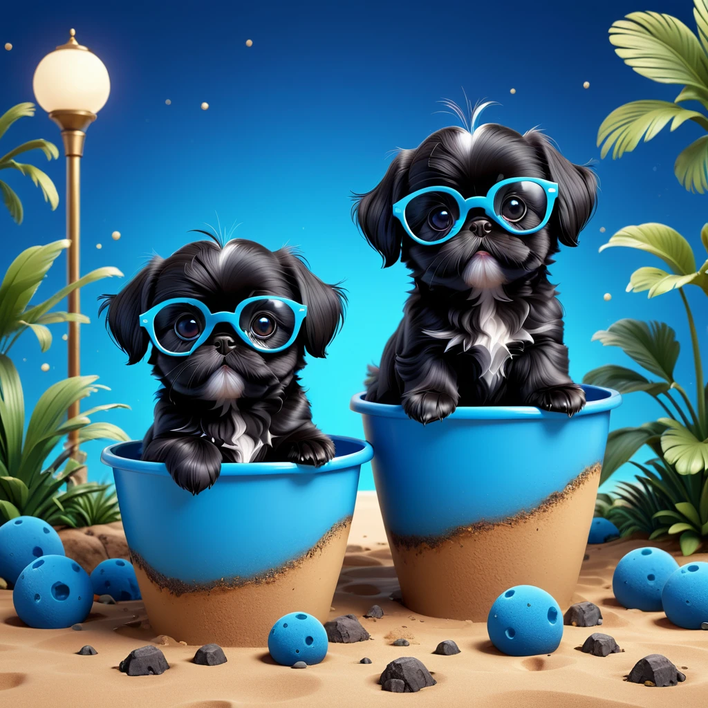 2 Adorable small black Shih Tzu puppies wearing bright blue and black glasses digging holes Disney background 3d cartoon 3d render disney pixar style