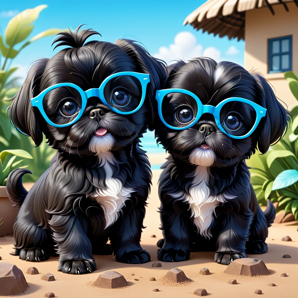 2 Adorable small black Shih Tzu puppies wearing bright blue and black glasses digging holes Disney background 3d cartoon 3d render disney pixar style