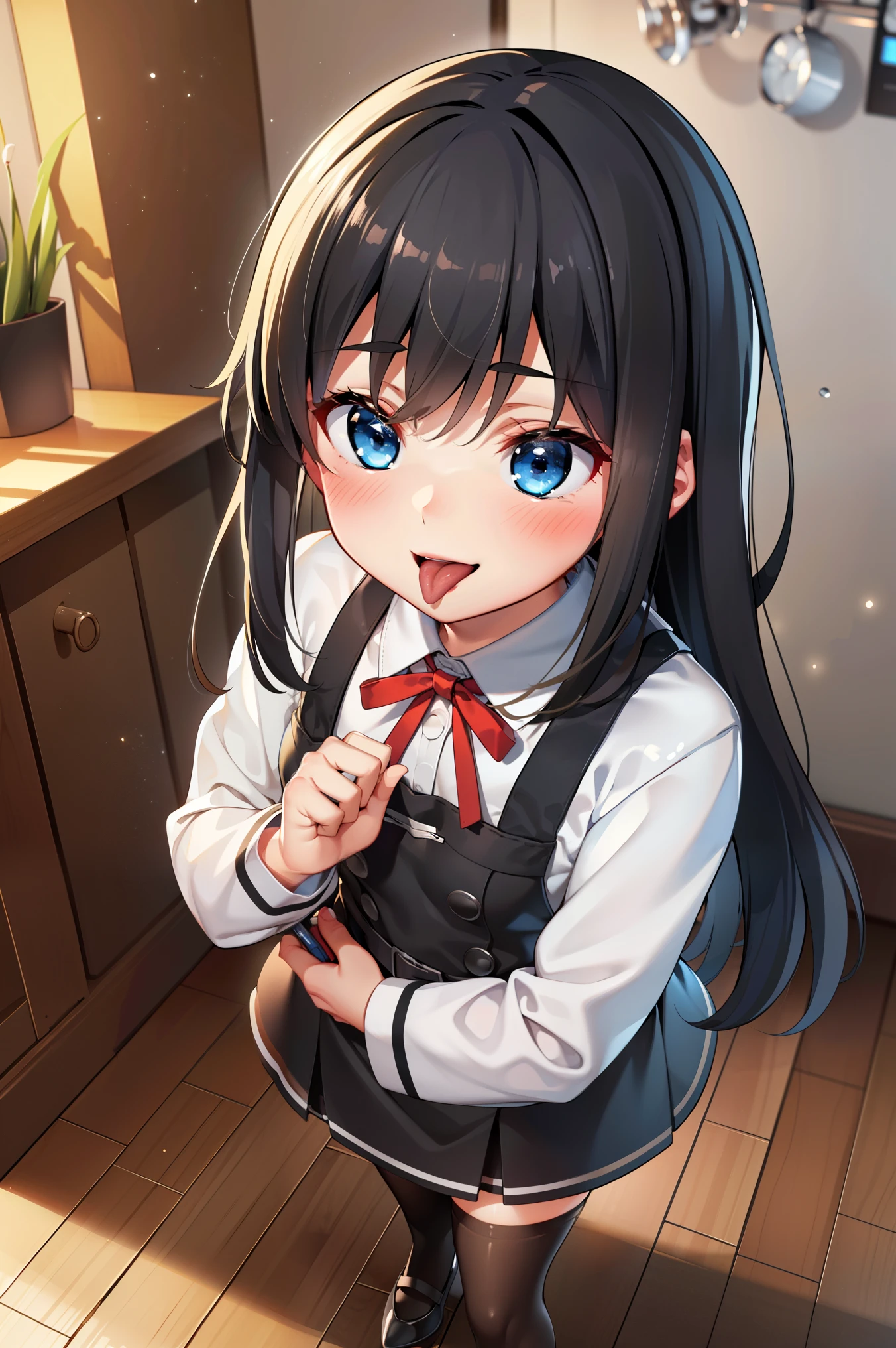 asashiokainiKC, Long Hair, shirt, Knee socks, Long sleeve, ribbon, , neck ribbon, Apron dress, (Small breasts:1.2), (Small body:1.2), (Low length:1.2), One , alone,
break 
(SFW:1.3), (whole body), (Bust up shot:1.2), (Face Focus:1.1)
break
0pen,  (Sticking out tongue), ((Long Tongue)), Open your mouth , From above, (Overhead Shot)
break
(;d:1.2), A shy smile, (blush:1.2)
break
official art, Masterpiece, Highest quality, Highest Resolution, 8K, Most detailed, Extremely elaborate hands, Highly detailed fingers, Highly detailed mouth, perfect anatomy
break
(indoor, Bedroom), dust, dust, Particles of light, Highly detailed 16K CG wallpaper