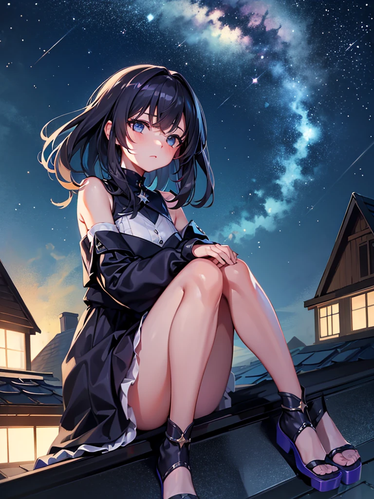 Girl sitting on the roof of a house, clasping your knees with your hands, and looks thoughtfully at the night sky, Star-studded. She&#39;s wearing a cozy sweater and her favorite cat socks.. Nearby there is a mug with still warm cocoa. The camera is located from bottom to top