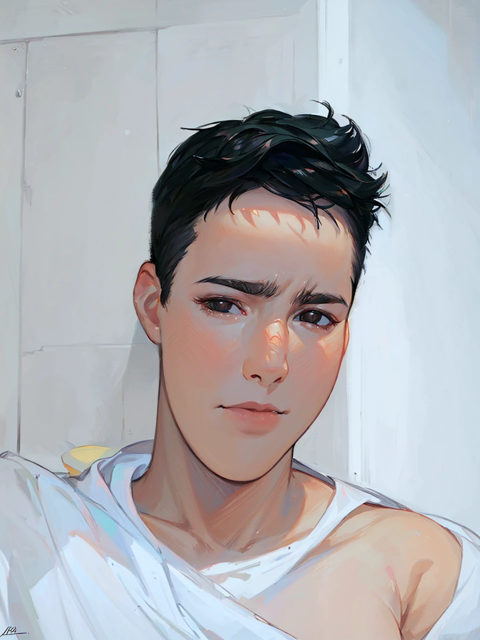 a young white man, black hair, brown eyes, white clothes, long eyelashes, photorealistic, high quality, realistic, digital painting, warm lighting, studio lighting, vibrant colors, cinematic, dramatic composition, masterpiece