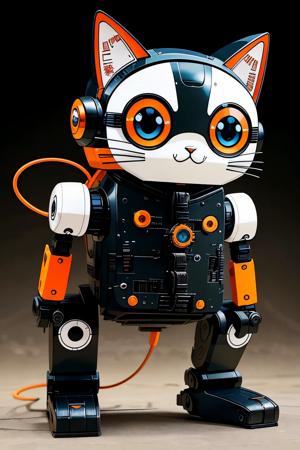 Aヘ cat-shaped anime robot, showcasing a flat design, vibrant and contrasting colors, with a playful and adorable expression, accentuated by large, expressive eyes. The robot features intricate mechanical details, including visible wires and gears, giving it a distinctively robotic yet endearing appearance. The overall design exudes a cute and whimsical atmosphere, perfect for an anime-inspired scene.