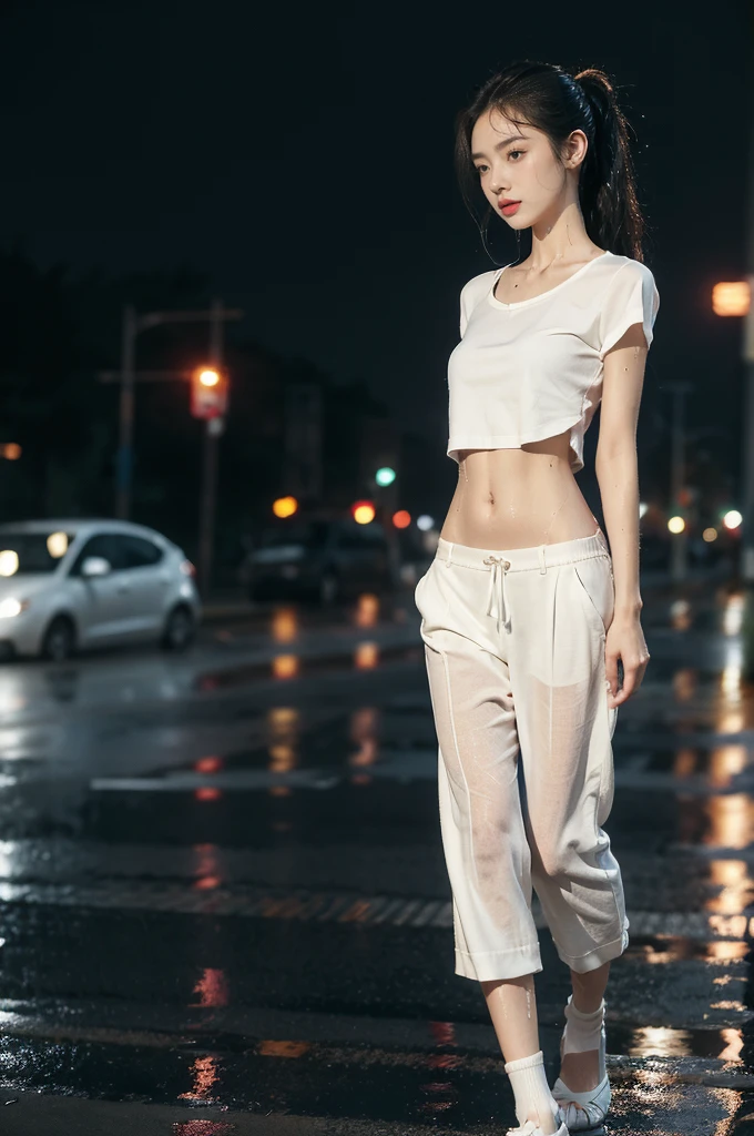 (((best quality))),(((ultra detailed))),(((masterpiece))),illustration,((1 beautiful girl,solo)),((slim,thin)),short ponytail,((small breasts,flat chest)),white short-sleeved shirt,navel,white pants with pink floral patterns,slender legs,white socks,slippers,rainy night, heavy rain, drenched clothes, melancholy expression, solitude, tear rolling down cheek, wet hair, empty streets, dimly lit, deserted environment, sound of rain, footsteps, symbol of hope, abandoned, resilience, determination, walking in rain, heartbreak, loss, love fading, loneliness, body language, facial expression, dreary atmosphere, rain-soaked streets, somber mood, viewer engagement,from front,urban scape,night scene,(((wet,sweat,shiny skin))),((from front,upper body,standing,arms behind back)),