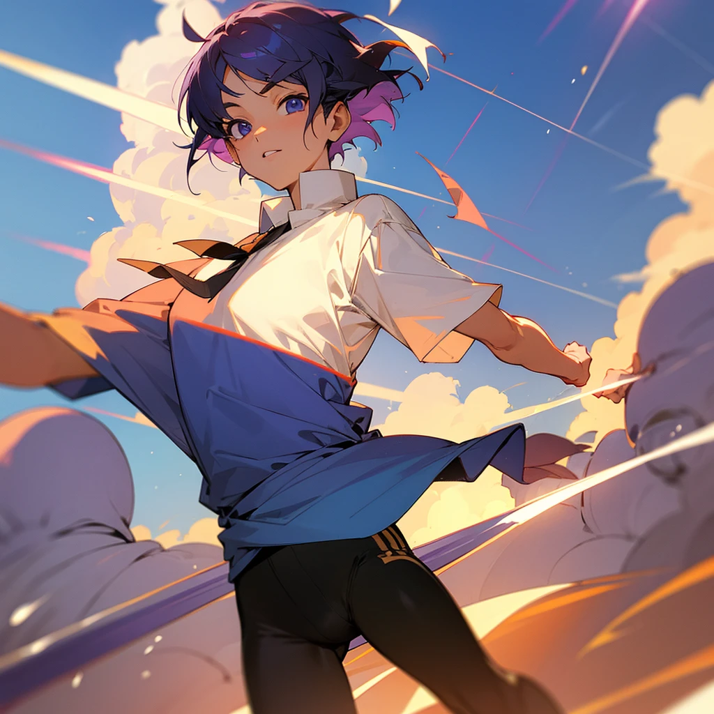 Running shirt, trunks, short hair, amazing aura