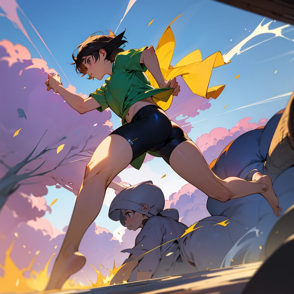 Running shirt, trunks, short hair, amazing aura