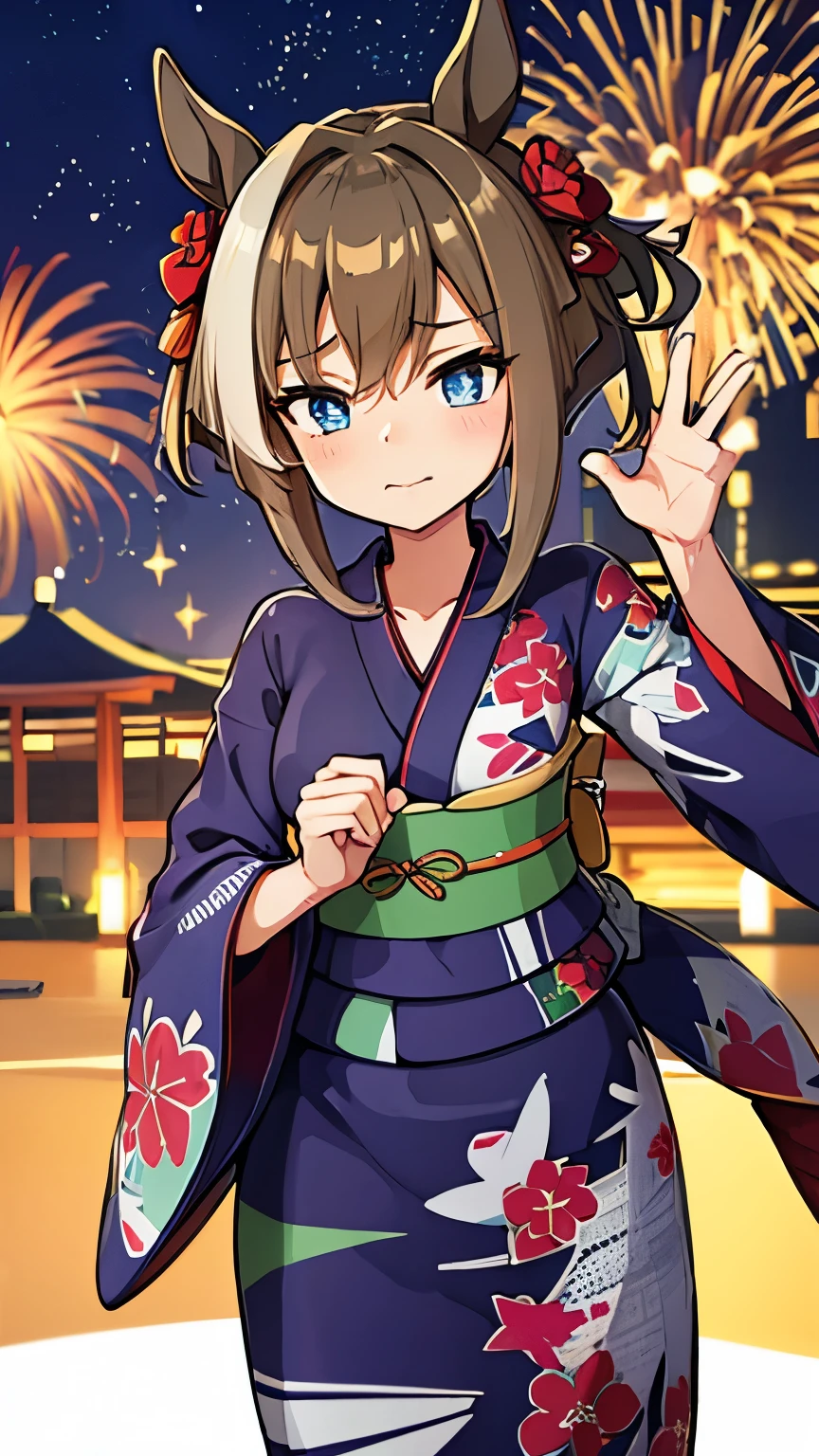 masterpiece, highest quality, High resolution, Very detailed,(((Schwarzgran))), (((yukata))), firework