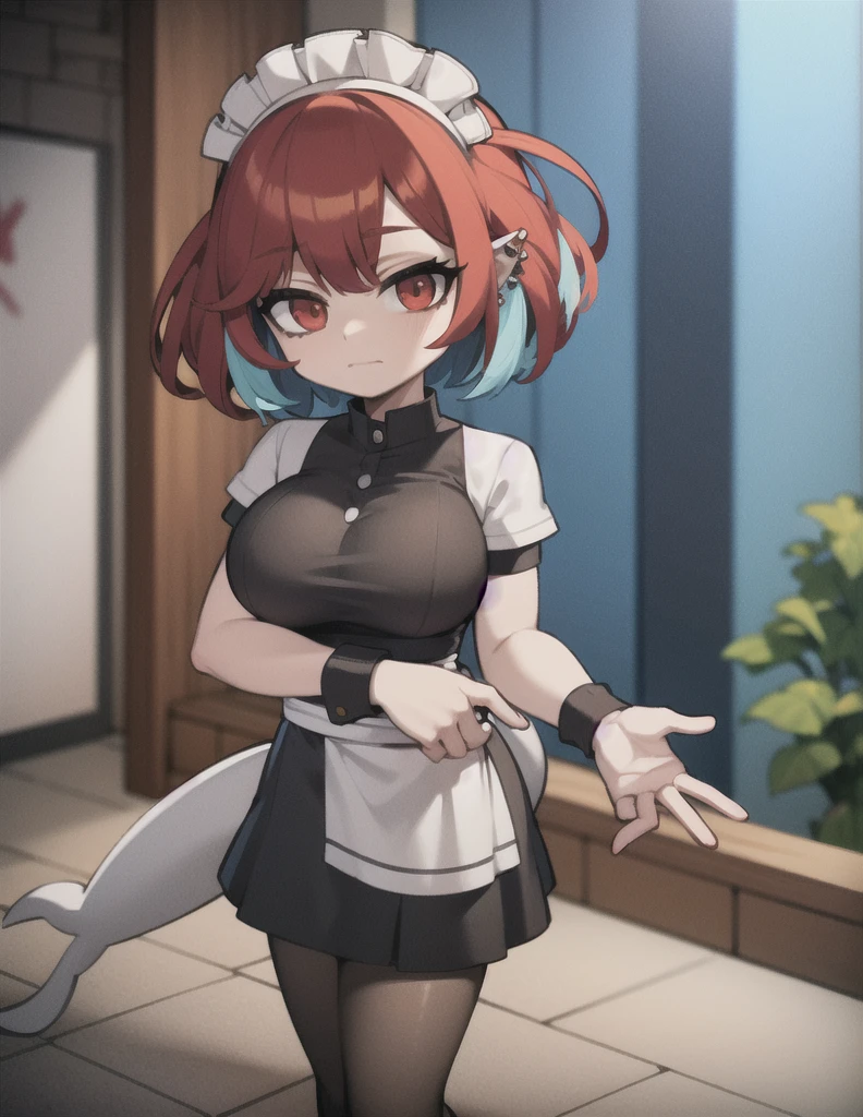 solo,1girl(big breast)(masterpiece, best quality:1.2),Ellen Jo，Zenless Zone Zero，alternate costume ,maid, shark tail, (shark girl:0.5), short hair，black hair，red eyes, tail, pantyhose,multicolored hair, black footwear, short sleeves, apron, wrist cuffs, maidheaddress, stockings, nyantchaellen joe, black hair, red hair，colored inner hair, multicolored hair, (red eyes:1.3), red hair, short hair, two-tone hair,apron, black pantyhose, black shirt, ear piercing,