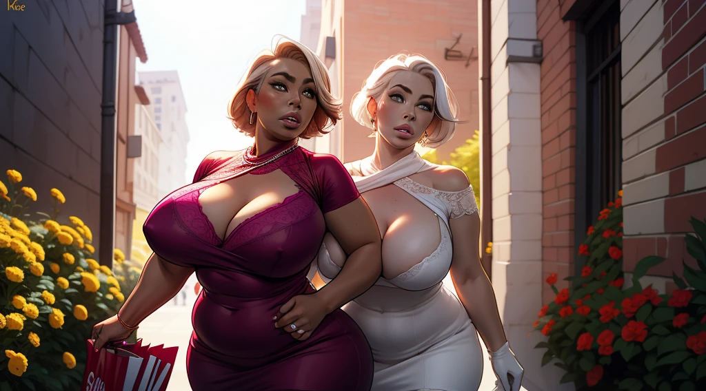 MILF, 2girls, large breasts, gigantic breasts, huge breasts, mature female, heavy breasts, short hair, silver hair, light skinned female, Sweater dress, cropped top, thick dress, Violet scarf, orange eyes, large, Curvy waist , Breasts resting on arms, arms under breasts, Looking at viewer, edges of bra on dress, cleavage, in city park, holding shopping bag, full breasts, breasts larger than head, Face Mature, Curvy female, thick thighs, voluptuous female, Full body shot, red dress, elegant dress, lace pantyhose, Belt on the dress, Flower printed on the dress, delicate gloves, Bra strap appears, soft breasts, breasts are pressed against each other, Female focus, Mom's breasts, mom, Mother and daughter, Pink bra, dyed hair, many hairstyles, full view.