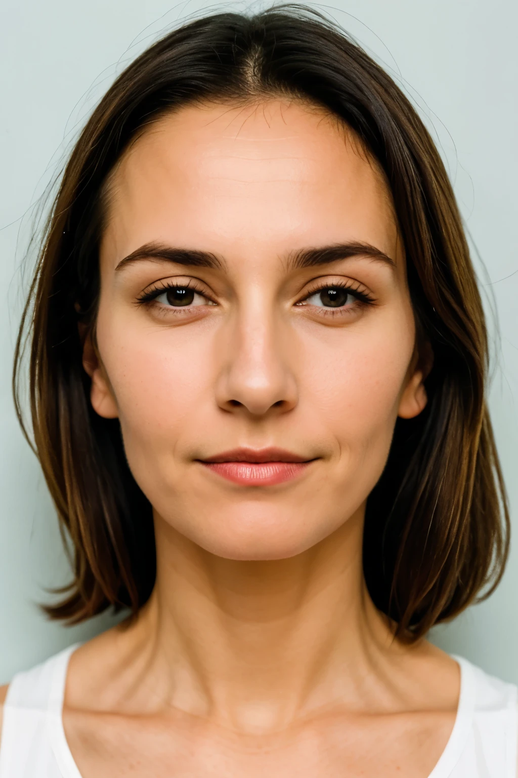 Image in colour. Portrait of a very handsome woman of 60 years old, European appearance. Standing straight, arms at the seams, shoulders straight, body straight, head straight, looking straight in front of him. Serious expression of the face. Bust. Full-face. He's posing for a passport photo. The main thing is to maintain a neutral frontal pose with an upright head and open eyes, with the face clearly visible and centred in the frame. Both ears are visible.
