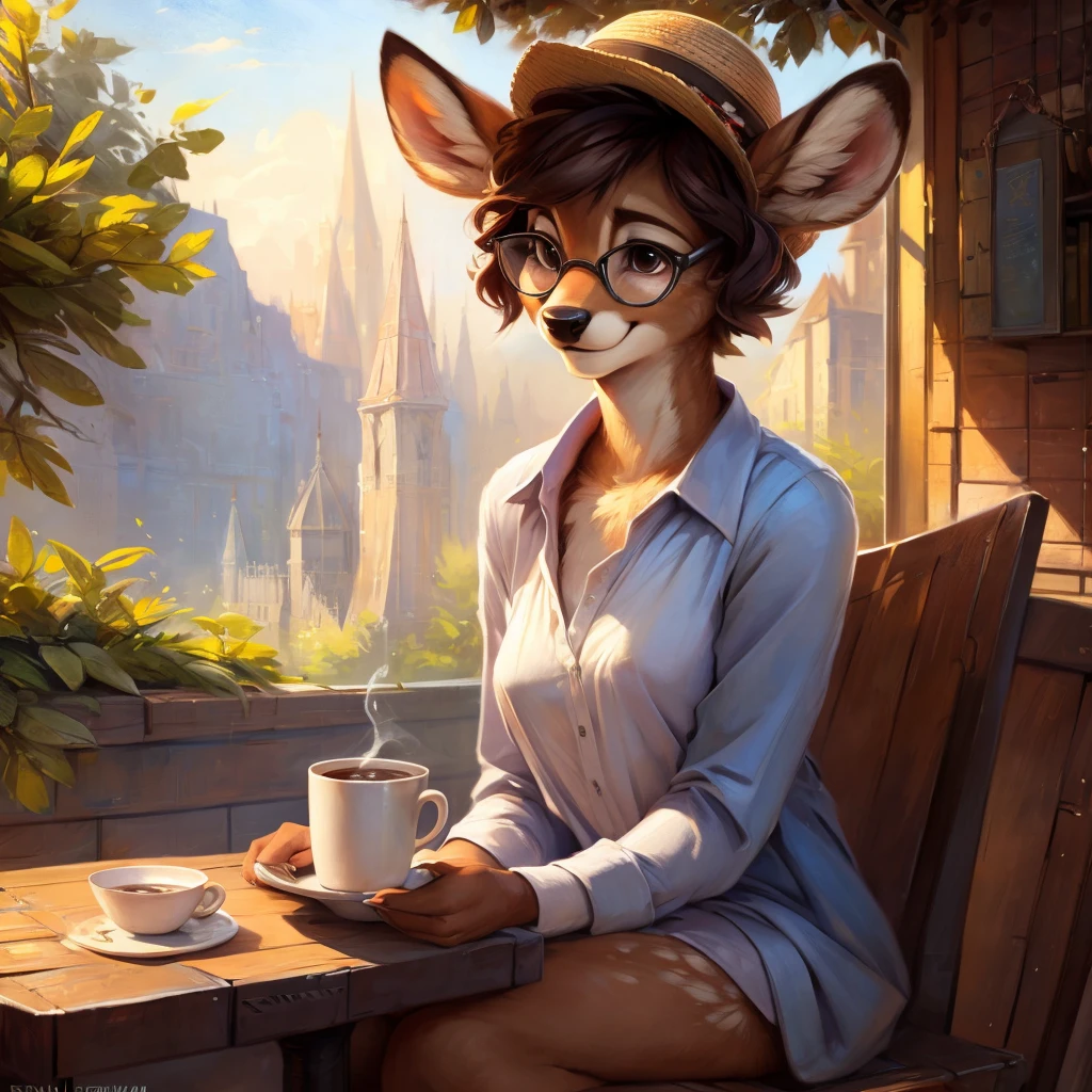 uploaded on e621, by Pixelsketcher, by Bayard Wu, by Thomas Benjamin Kennington , by Einshelm, by hioshiru and kenket, Chunie, portrait, solo anthro female deer doe, tiny featureless breasts, tiny breasts, clear dark blue, cinematic lighting, day, sunny day, sitting outside at a café, café background, french background, old french background, shiny, short curly dark brown hair, short hair, wears big black nerd glasses, very very beautiful furry art, furry art, thoughtful, shiny, feminine, cute face, muzzle, fluffy chest, flawless face, Fallow deer, 1girl, Sakimichan is beautiful, Masterpiece, Wavethesallow Face, shiny, Detailed image, portrait, Detailed image, portrait, wears pure white wide, big blouse, wears beige summer straw hat, shiny, realistic face, perfect anatomy, hourglass body, anthropomorphic deer, happy, very happy, small ears, huge black nerd glasses, wide happy eyes, look at viewer, smiles, big smile, holds big cup of coffee, hourglass body, (furry body:1.1), anthropomorphic deer, small fluffy tail, detailed background, (cute anatomy:1.1), looks into the distance