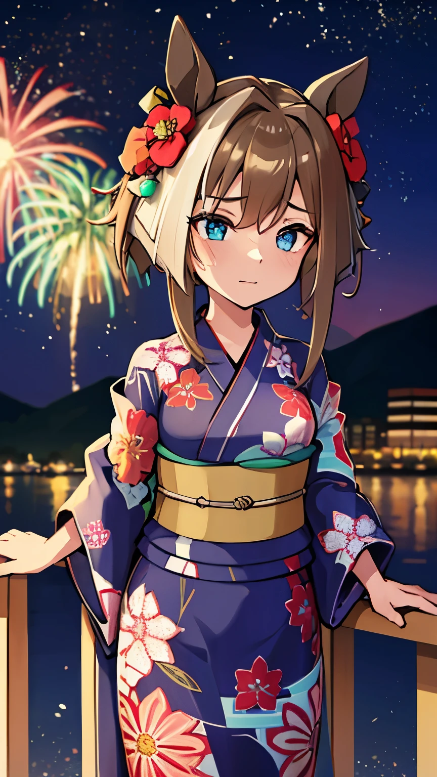 masterpiece, highest quality, High resolution, Very detailed,(((Schwarzgran))), (((yukata))), firework
