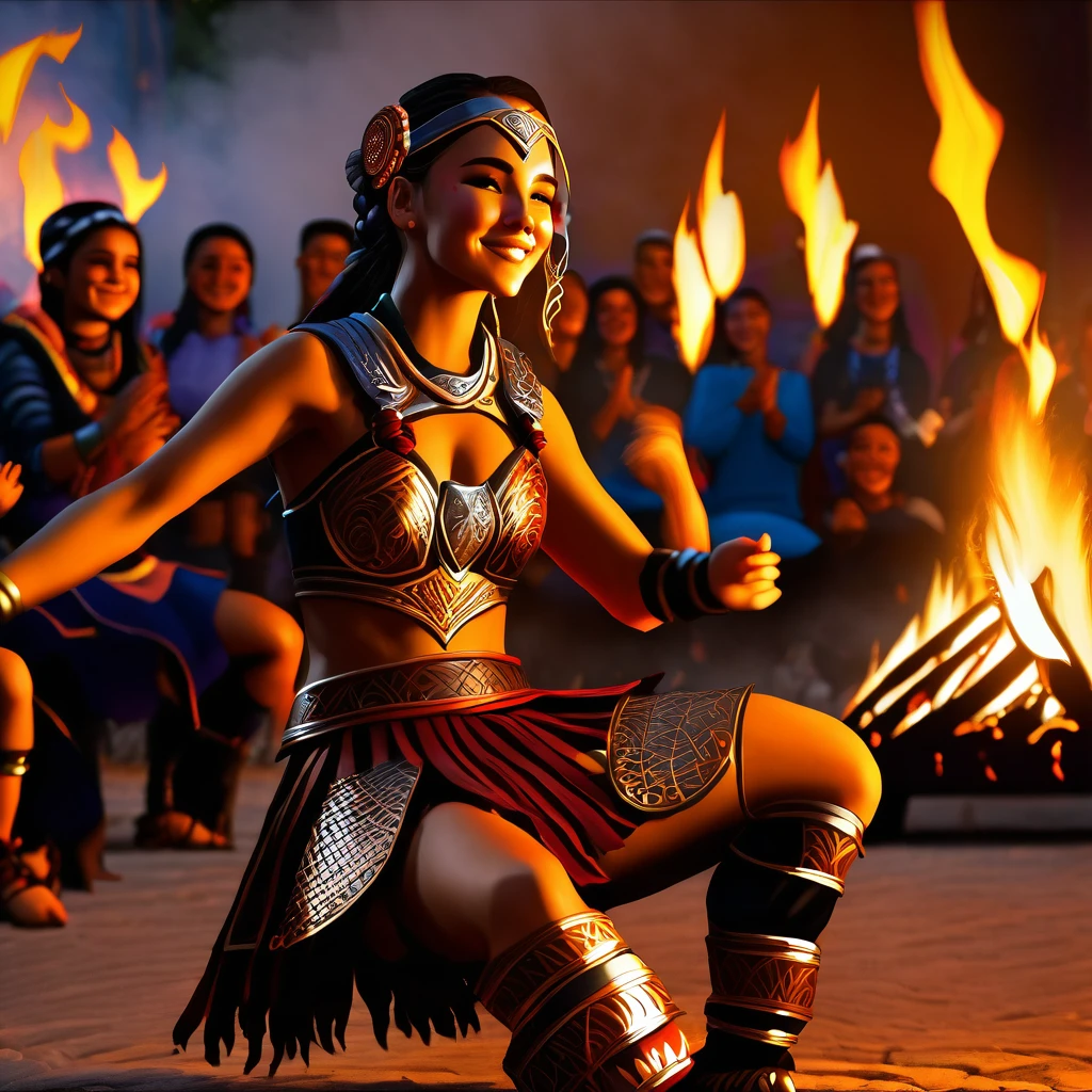 Warrior girl dancing with fans by the fire. Her warrior friends are sitting nearby and applauding..