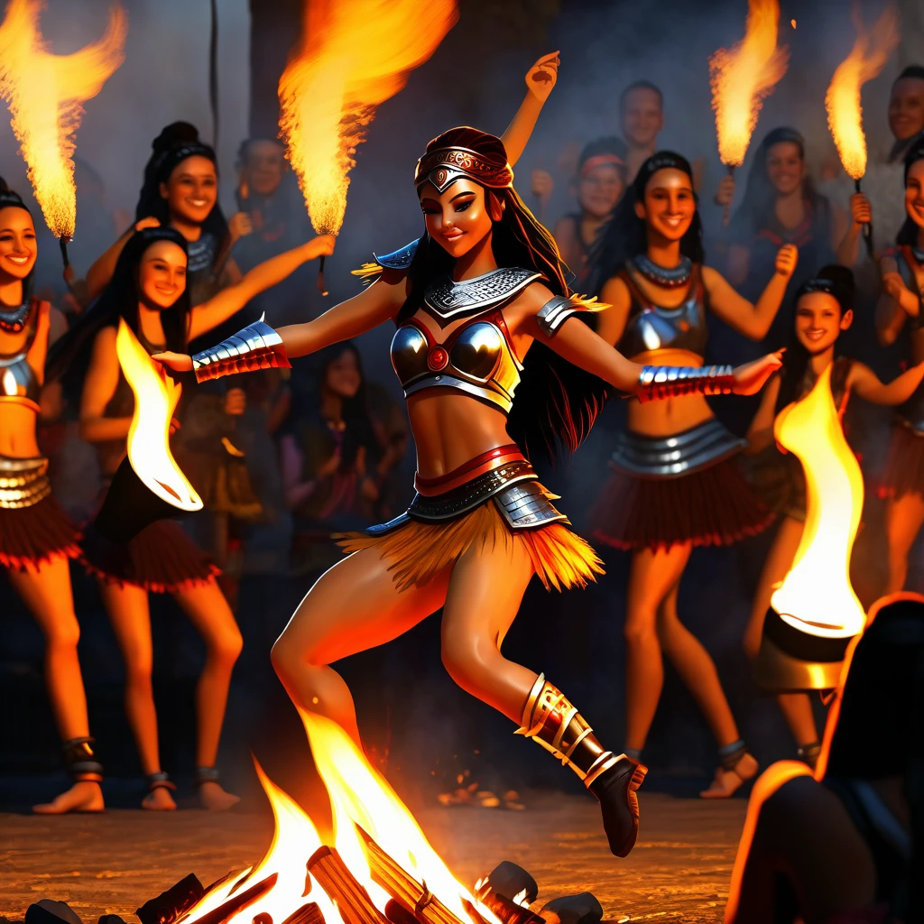 Warrior girl dancing with fans by the fire. Her warrior friends are sitting nearby and applauding..