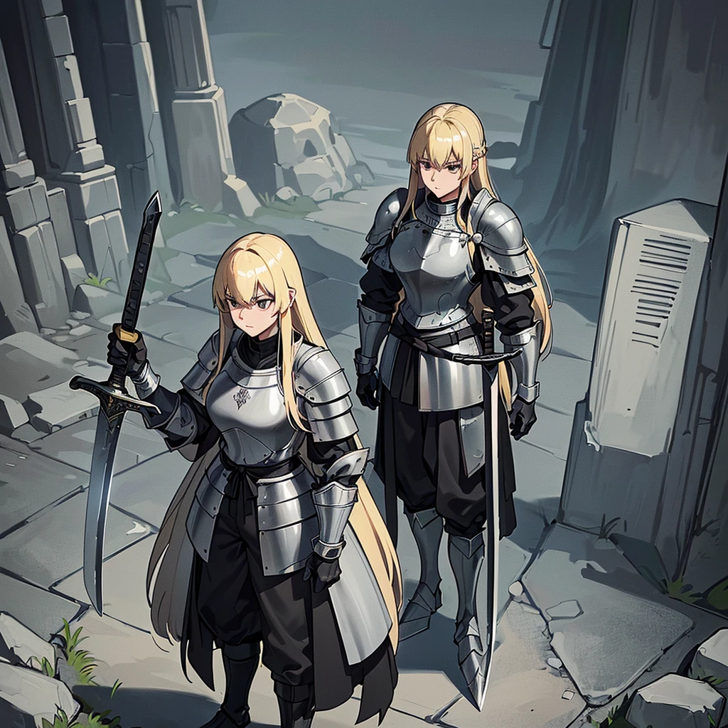 Best illustrations、Best Quality、(Full body character concept、detailed)、(((Simple grey armor、Black trousers、Black gloves、woman、18-year-old、Blonde、Long Hair)))、(((Grab the sword、Get Ready)))、(20 medieval knights)、(From above)、(Swamp、赤いSwamp)