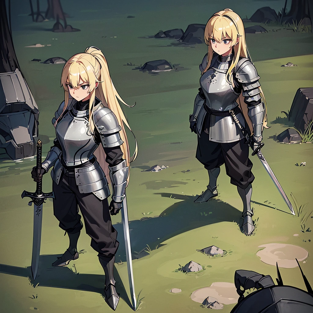 Best illustrations、Best Quality、(Full body character concept、detailed)、(((Simple grey armor、Black trousers、Black gloves、woman、18-year-old、Blonde、Long Hair)))、(((Grab the sword、Get Ready)))、(From above)、(Old ruins、Grass)、Fall to the floor、(Black, muddy swamp)、(中世の騎士が10 people)、(anxiety、impatience、Open your mouth、shout)、(lots of medieval knights、10 people)、battlefield