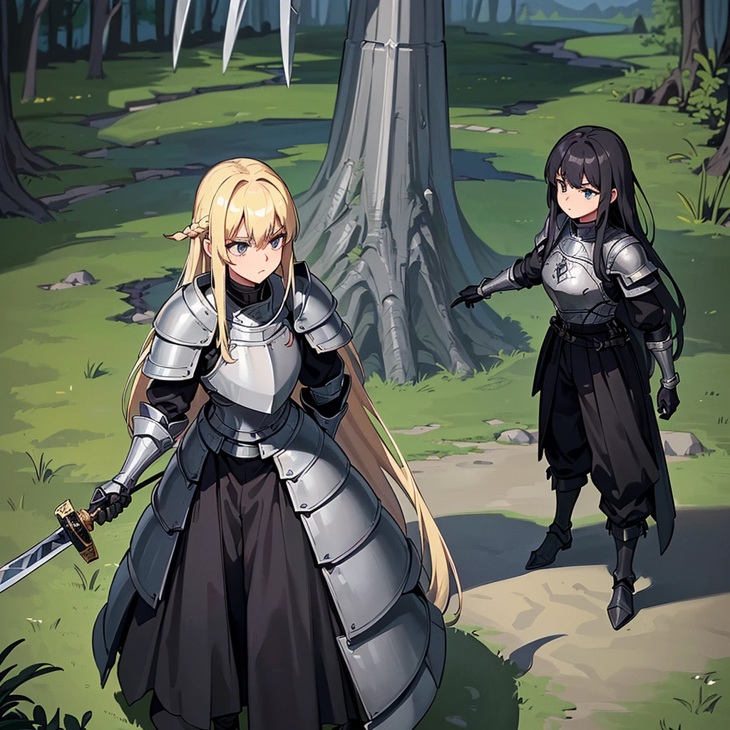 Best illustrations、Best Quality、(Full body character concept、detailed)、(((Simple grey armor、Black trousers、Black gloves、woman、18-year-old、Blonde、Long Hair)))、(((Grab the sword、Get Ready)))、(20 medieval knights)、(From above)、(Swamp、赤いSwamp)