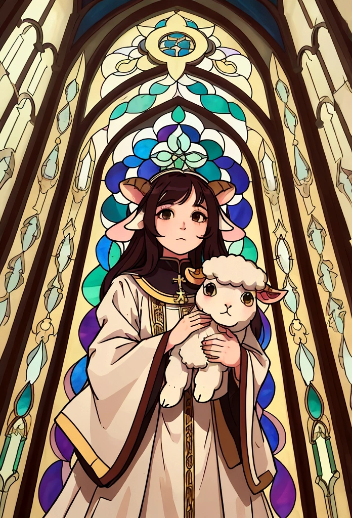 I want the style of church stained glass，The Capricorn sheep head needs to be a frontal face and the style should be a simple cartoon，Don’t use too many colors overall，Don’t make it too complicated