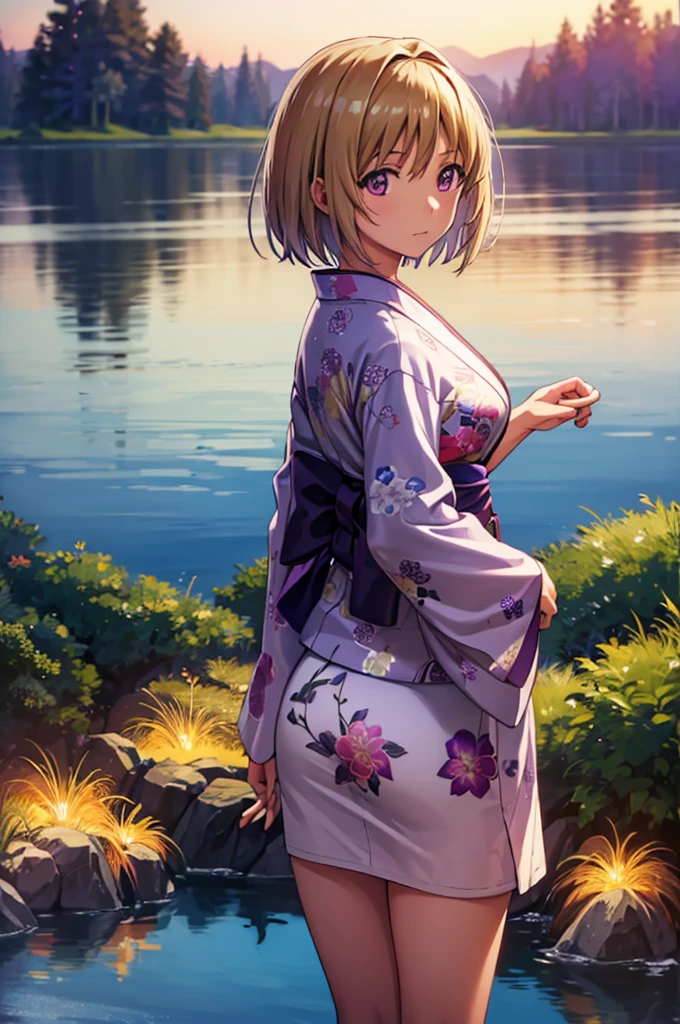 (masterpiece:1.3), (best quality:1.1), (8k, ultra detailed, ultra high res:1.2), ((anime style)), perfect 5 fingers, perfect anatomy, 
1girl,
Kushida Kikyou, 
short hair, 
bronze hair, 
(purple eyes:1.2), small eyes, 
large breasts, 
floral printed kimono, yukata, 
looking at viewer, 
cowboy shot, 
natural light, standing, arm behind back, looking back, detail background, outdoor, outside, Pond at your feet, Fireworks reflected on the pond, BREAK, evening,