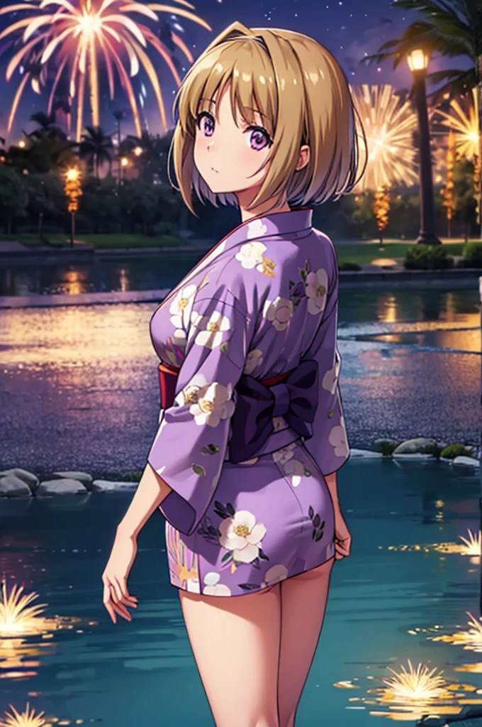 (masterpiece:1.3), (best quality:1.1), (8k, ultra detailed, ultra high res:1.2), ((anime style)), perfect 5 fingers, perfect anatomy, 
1girl,
Kushida Kikyou, 
short hair, 
bronze hair, 
(purple eyes:1.2), small eyes, 
large breasts, 
floral printed kimono, yukata, 
looking at viewer, 
cowboy shot, 
natural light, standing, arm behind back, looking back, detail background, outdoor, outside, Pond at your feet, Fireworks reflected on the pond, BREAK, evening,