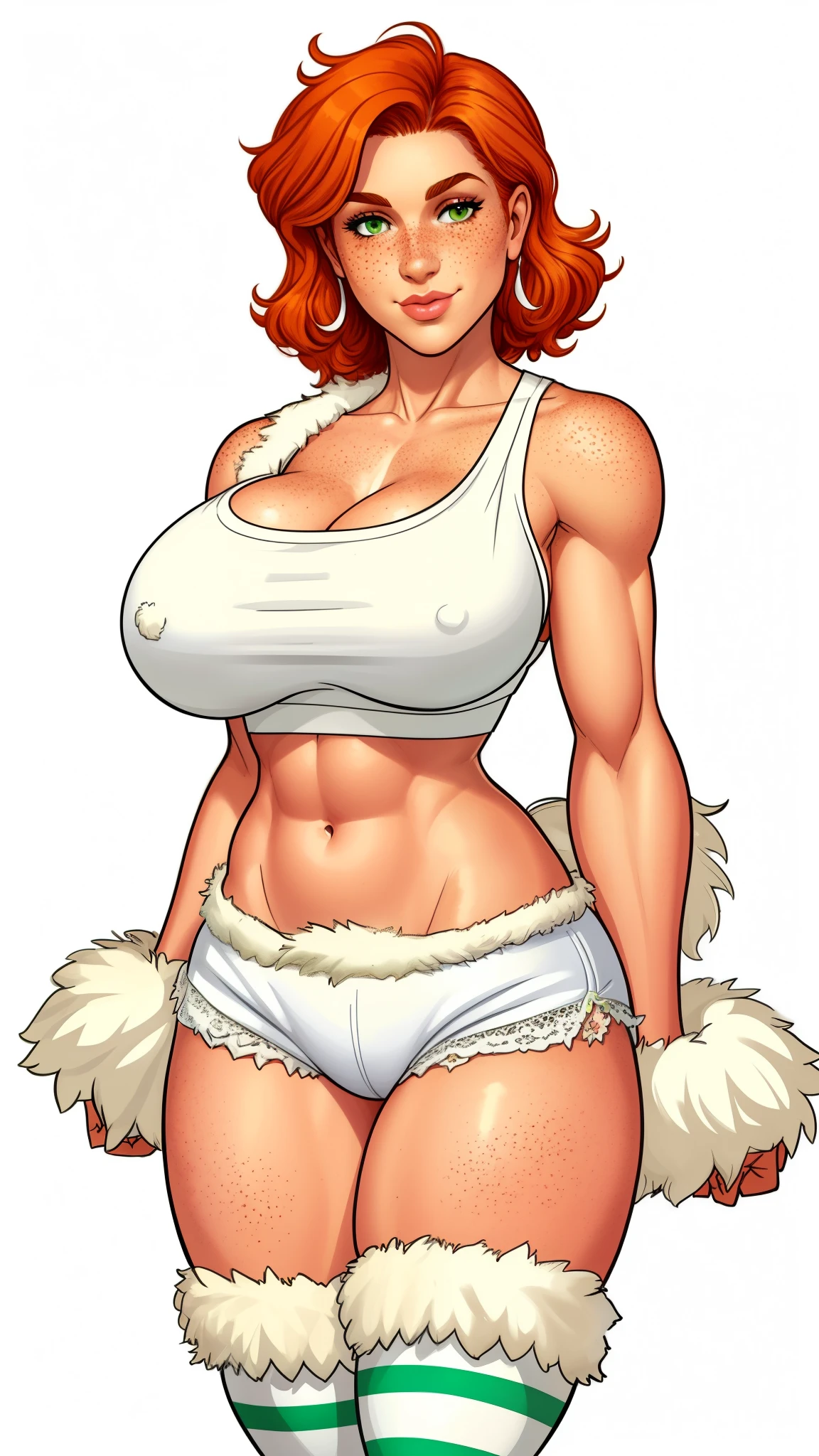 Lacy Lemon, pretty woman, ginger hair, midriff, white cloth hotpants,tank top, fur stole short shorts, fur wrap over shoulders, freckles, large breasts, rubenesque, thigh high striped socks,
green eyes,
white background, blank background,