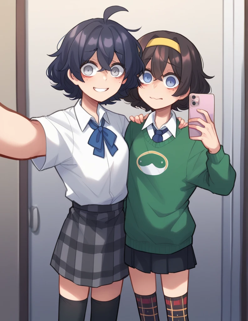 2 girls Girl1: ppka, black fur, short hair, messy fur, Ahoge, parts, grey eyes, sweet look, blind, White shirt, Plaid skirt, grey skirt, mismatched socks, different socks, nervous, light smile,
girl 2: looking at the viewer, by rubio, wide, Hair band, Dress shirt, black skirt, black stockings, straight bangs, blue tie, blue eyes,
pantimedias, medias pantiblack, mini skirt, mini skirt negra, black skirt, wide sweater, green sweater, wide sweater verde oscuro, Bun, moño azul, pelo rubio, pelo rubio
Looking at the camera together, selfie together, hugged, selfie hands pose,